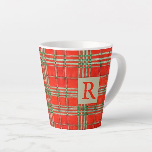 RED SCOTT TARTAN Latte Mug + Initial (Angle droit)