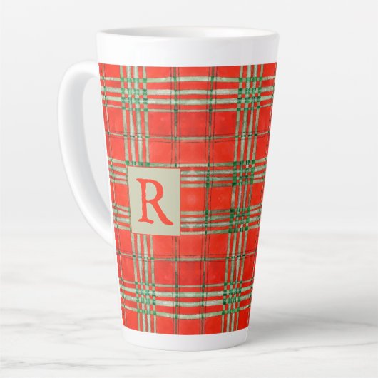 RED SCOTT TARTAN Tall Latte Mok + Initiaal (Linkerhoek)