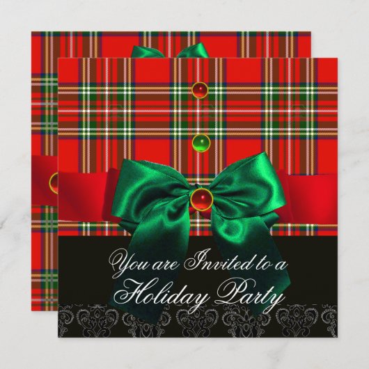 RED SCOTTISH TARTAN EN GREEN BOWS CHRISTMAS PARTIJ KAART (Voorkant / Achterkant)