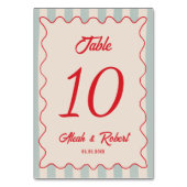 Red Script Blue Line Retro Wedding Table Number Kaart (Achterkant)