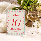 Red Script Blue Line Retro Wedding Table Number Kaart