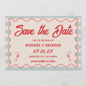 Red Script Blue Lines Retro QR Code Save the Date Kaart (Voorkant)