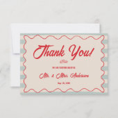 Red Script Blue Lines Retro Wedding Photo Bedankkaart (Voorkant)