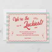 Red Script Blue Stripes Retro Wedding Photo Bedankkaart (Voorkant)