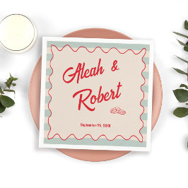 Red Script Blue Stripes Retro Wedding Servet
