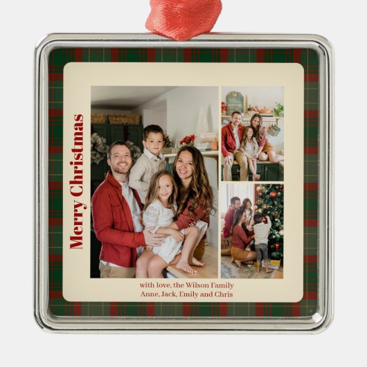 Red Script Classy Plaid 3 foto's Kerst Metalen Ornament (Voorkant)