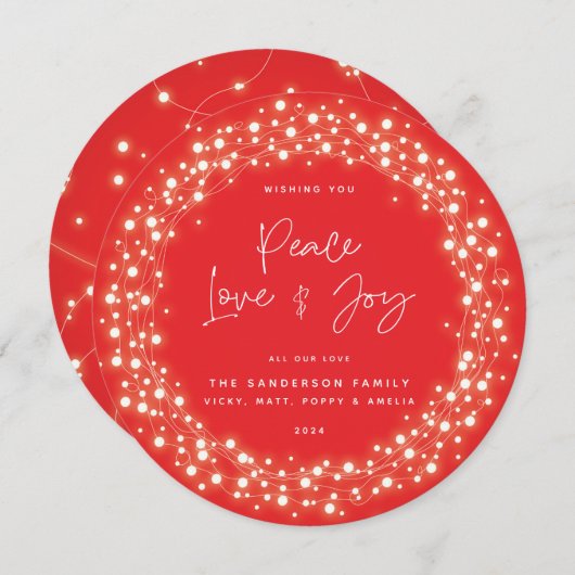 Red Script Font Peace Love+Joy Sparing Lights Feestdagenkaart (Voorkant / Achterkant)