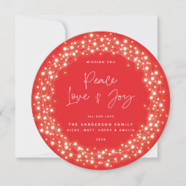 Red Script Font Peace Love+Joy Sparing Lights Feestdagenkaart