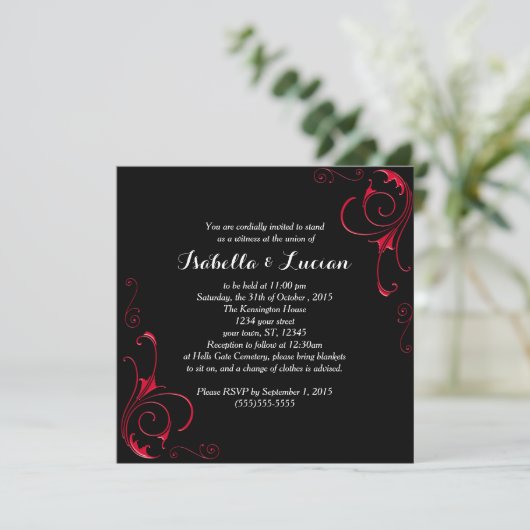 Red Scroll Moderne Goth Mariage Invitations (Debout devant)