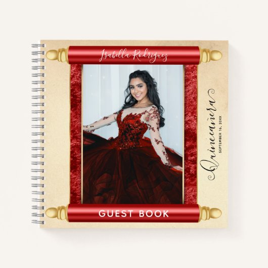 Red Scroll Photo Budget Quinceañera Livre d'or (Devant)