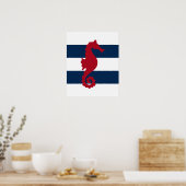 Red Seahorse sur marine & rayures blanches affiche (Cuisine)