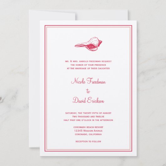 Red seashell simpele elegante trouwuitnodiging kaart (Voorkant)