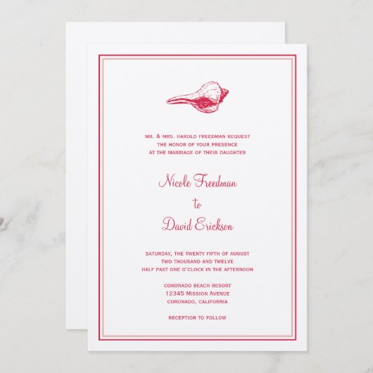 Red seashell simpele elegante trouwuitnodiging kaart (Voorkant / Achterkant)