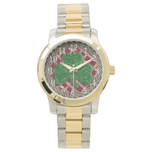 Red Shamrock on Celtic Knots Watch Horloge