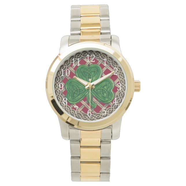 Red Shamrock on Celtic Knots Watch Horloge (Voorkant)