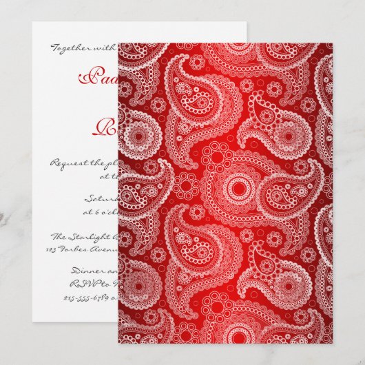 Red Shimmer Satin & Paisley Wedding Invitation Kaart (Voorkant / Achterkant)