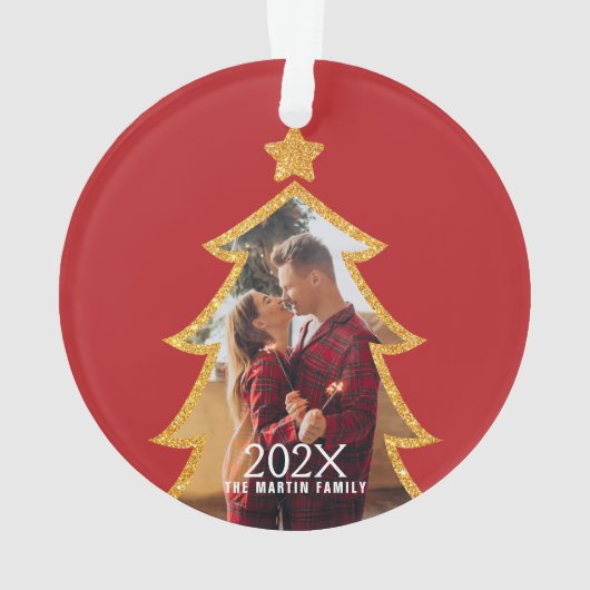 Red Shiny Christmas Tree Personalized Photo Ornament (achterkant)