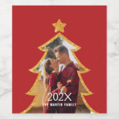 Red Shiny Christmas Tree Personalized Photo Wijn Etiket (Enkel label)
