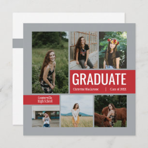 Red & Silver 6 Photo Graduation Invitation