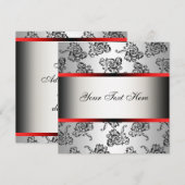 Red Silver Black Damask Party Invitation Sjabloon Kaart (Voorkant / Achterkant)