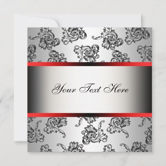 Red Silver Black Damask Party Invitation Sjabloon Kaart (Voorkant)