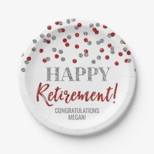 Red Silver Confetti Happy Retirement Papieren Bordje