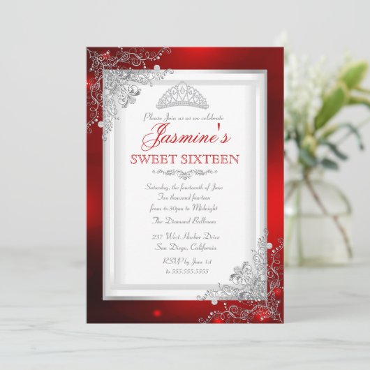 Red Silver Damask Tiara Sweet 16 Birthday Kaart (Staand voorkant)