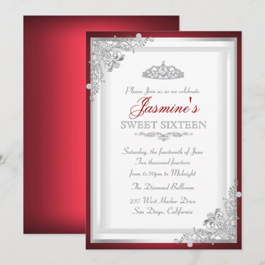 Red Silver Damask Tiara Sweet 16 Invitation (Devant / Derrière)