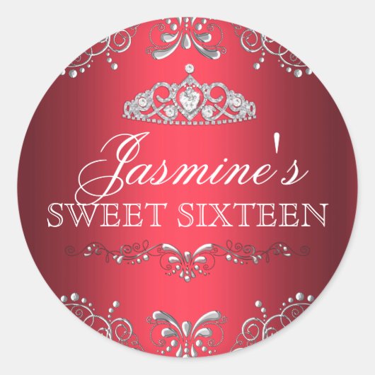 Red Silver Damask & Tiara Sweet 16 Sticker (Voorkant)