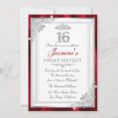Red Silver Diamond Damask Tiara Sweet 16 Invite Kaart (Voorkant)