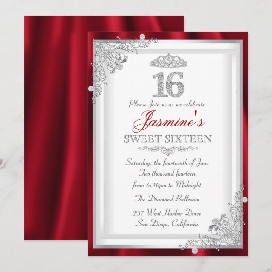 Red Silver Diamond Damask Tiara Sweet 16 Invite Kaart (Voorkant / Achterkant)