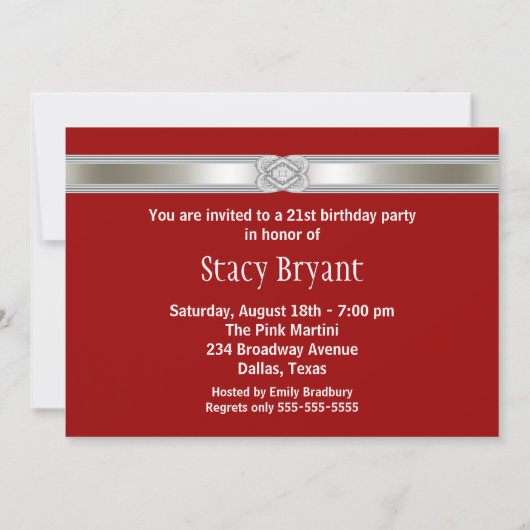 Red Silver Diamond Swirls 21e verjaardagsfeestje Kaart (Achterkant)