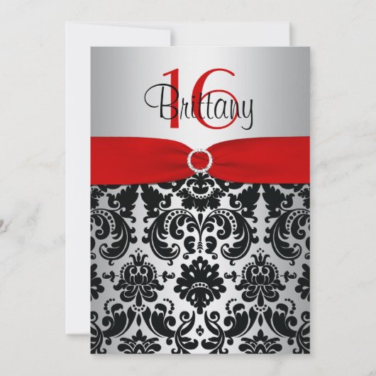 Red, Silver en Black Damask Sweet 16 Uitnodiging (Voorkant)