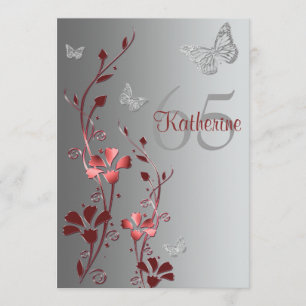 Red, Silver Flowers & Butterflies 65th Invitation Kaart
