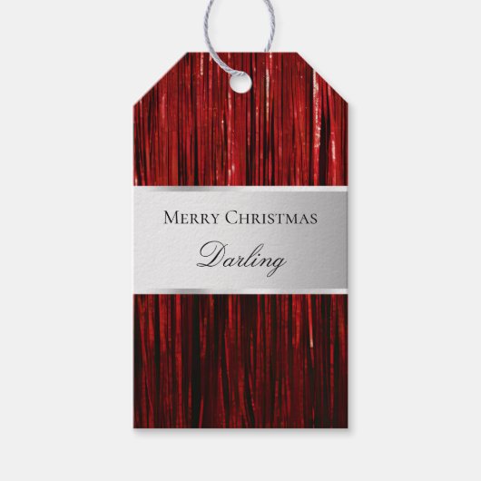 Red Silver Glam Tinsel Stripes Cadeaulabel (Voorkant)