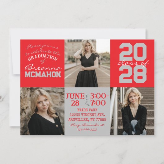 Red & Silver Grey 3 Photo Graduation Invitation (Devant)