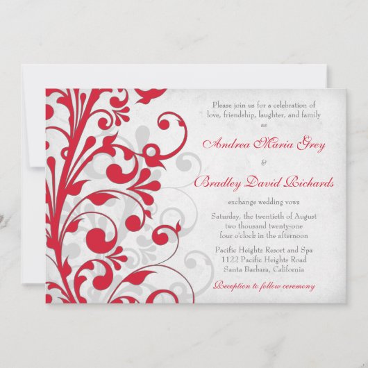 Red Silver Grey Floral Wedding Invitation Kaart (Voorkant)