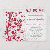 Red Silver Grey Floral Wedding Invitation Kaart (Voorkant / Achterkant)