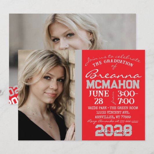 Red & Silver Grey Graduation 2 Photo Invitation (Devant / Derrière)