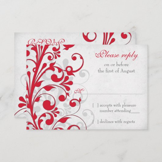 Red Silver Grey Gris Floral Wedding RSVP Répondre (Devant / Derrière)