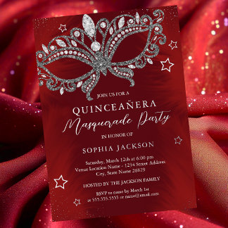 Red Silver Masquerade Mask Star Quinceanera Folie Uitnodiging