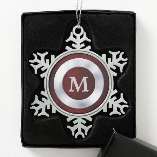 Red Silver Monogram Kerstmis Tin Sneeuwvlok Ornament (Kistje)