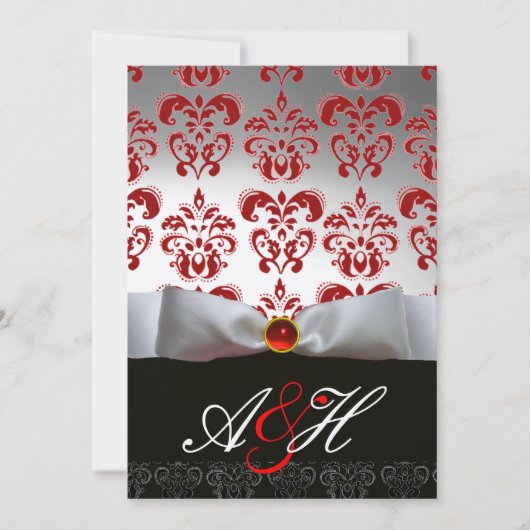 RED SILVER RIBBON & BLACK DAMASK MONOGRAM Ruby Kaart (Voorkant)