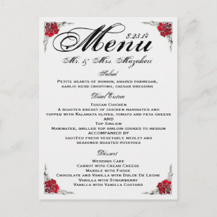 Red Silver Rose Wedding Dinner Menu Thank you Note