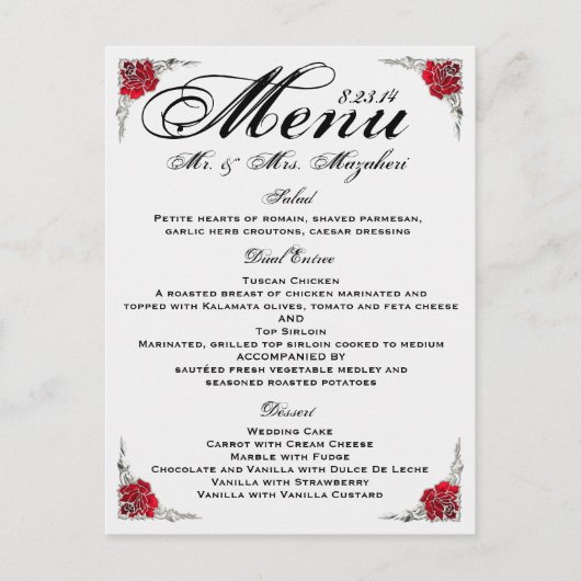 Red Silver Rose Wedding Dinner Menu Thank you Note (Voorkant)