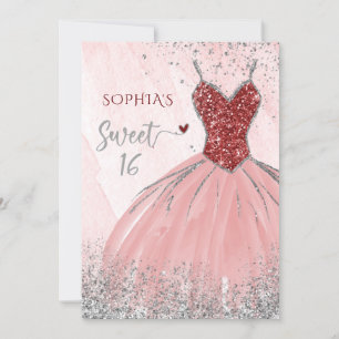 Red Silver Sparkle Glitter Dress Sweet 16 jaar Kaart