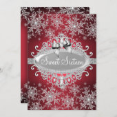 Red Silver Sparkle Snowflake Sweet 16 Invite Kaart (Voorkant / Achterkant)