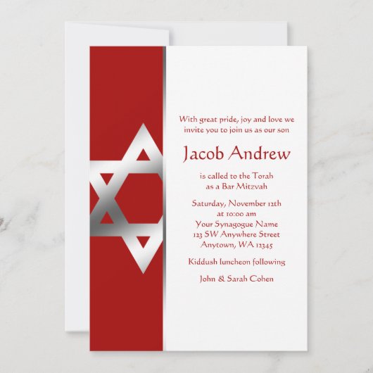 Red Silver Star de David Bar Mitzvah Invitations (Devant)
