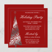 Red Silver Swirl-kerstboomfeest Kaart (Voorkant / Achterkant)