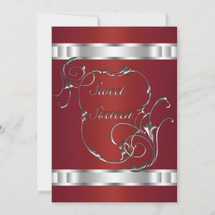 Red Silver Swirls Elegant Sweet Sixeen Kaart